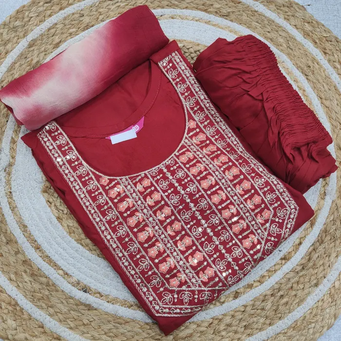 Premium Rayon Straight Top Bottom Dupatta Set | TS3381